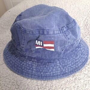 Michigan USA‎ Flag Bucket Sun Hat Cap Blue L/XL Chambray Denim Faded Patriotic